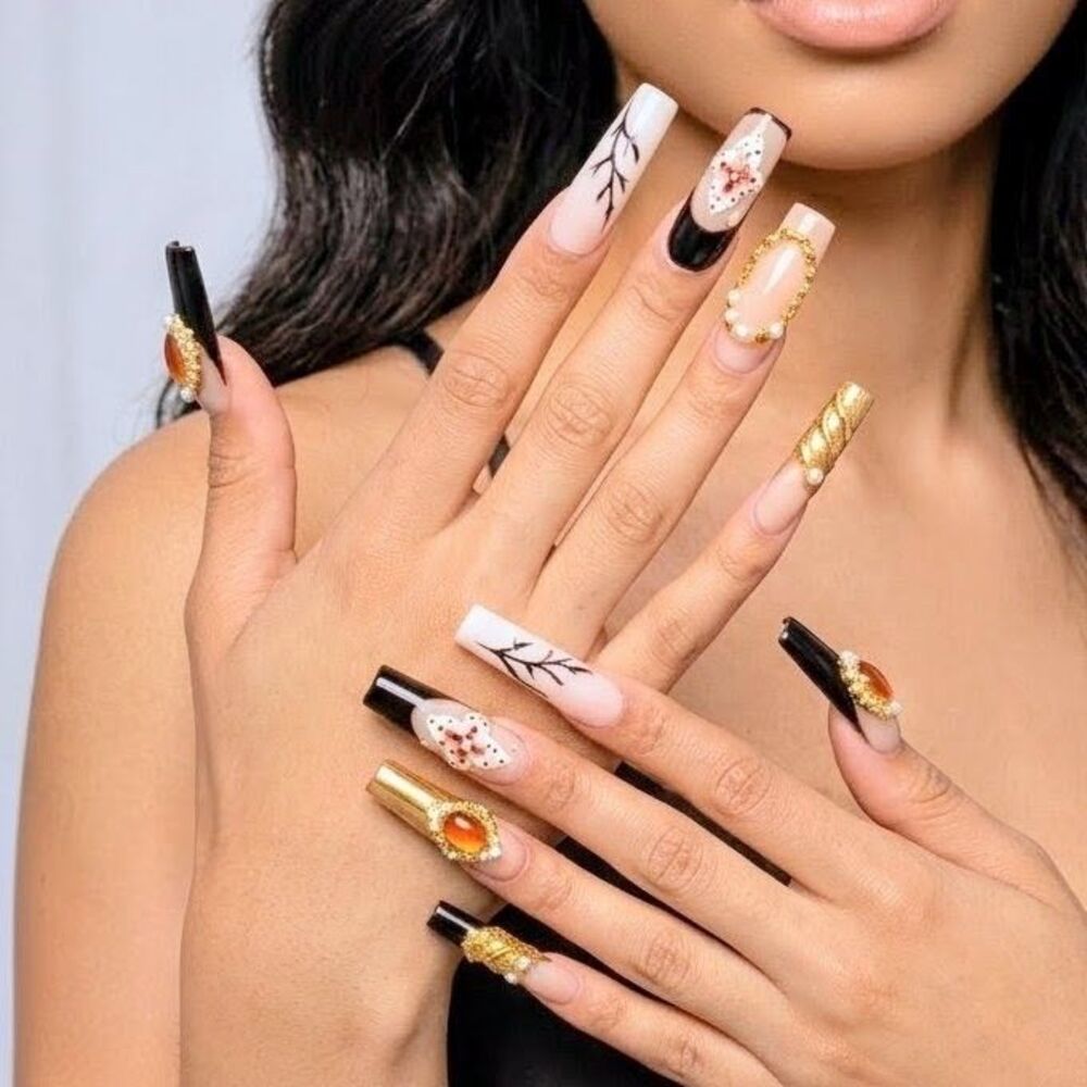 PRESS-ON NAILS Custom-Made Long Square Nude, White and Black Large Size NEW NIB